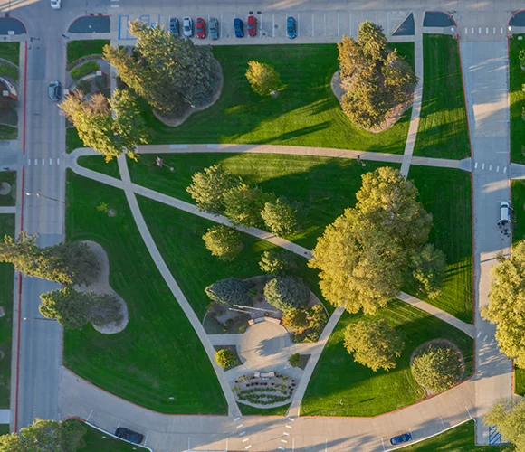 Overhead view of sidewalks and green space