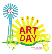 the 2023 art day logo, a sunrise and a windmill with the word CSC in the windmill and and 2023 Art Day on the sun