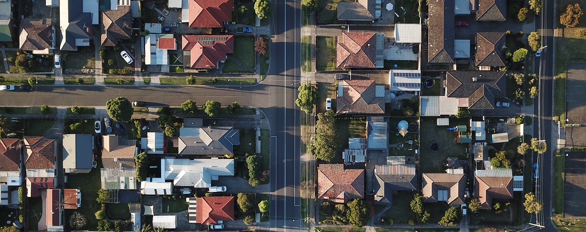 An aerial view of a residential neighborhood