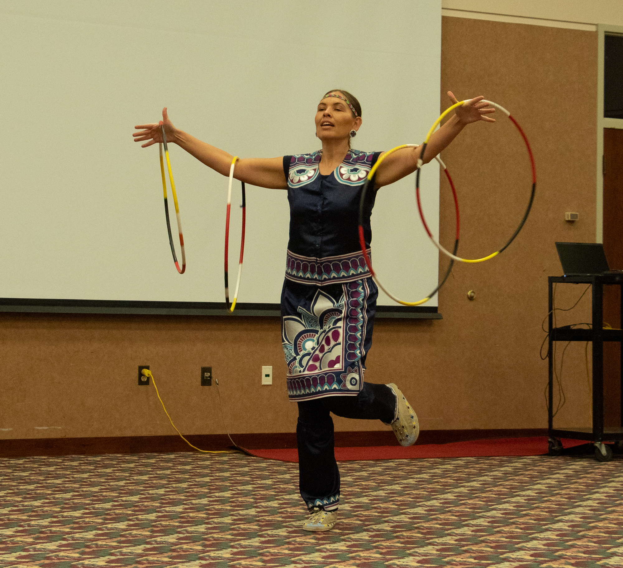 Native American hoop dancer Tara Kingi of Rapid City, SD performs on November 20, 2023 for the CSC Thanksgiving Tribute to Indigenous Peoples