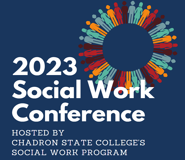 A cover/logo for the social work conference. Features a circle made up of variously colored nondescript human shapes. And the words 2023 Social Work Conference. Hosted by Chadron State College's Social Work Program