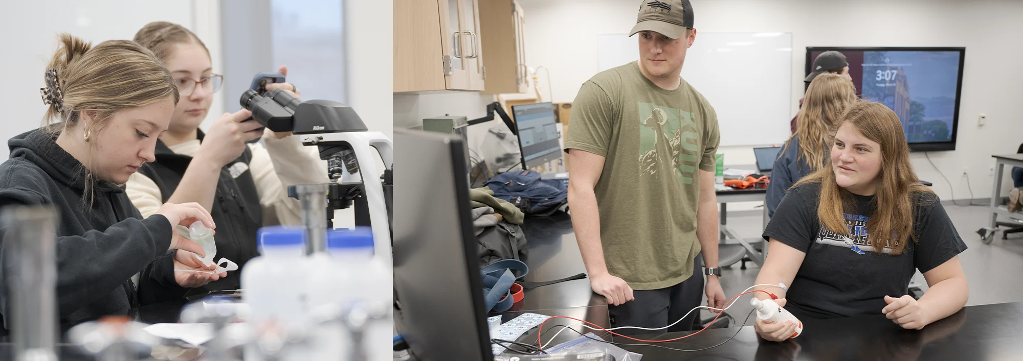 Two scenes showing students working with microscopes and performing a blood pressure test