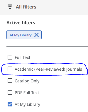 Filters available in Ebsco Discovery Search