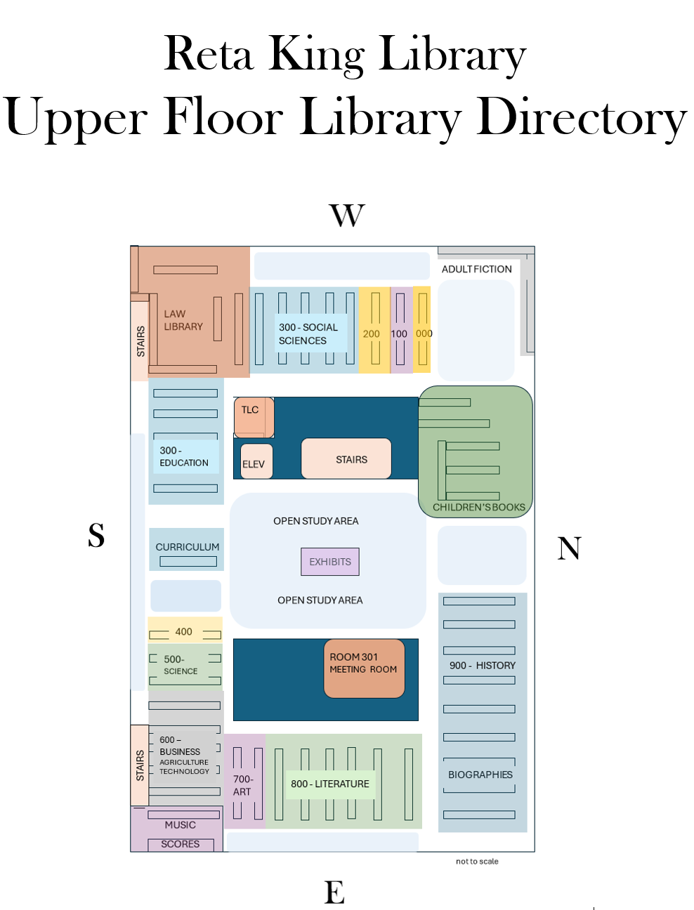 A directional map to the collections on the top floor of the library