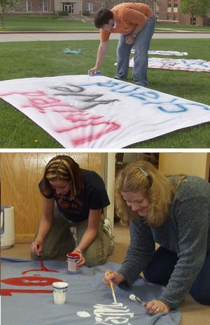 Top: CSC senior Aaron Rutt of Blue Hill decorates bedsheets Friday on Chadron State's Dean's Green. Bottom: CSC senior Sara Crookshank of Sidney and Pam Callahan, CSC accounting clerk, paint a sheet on the CSC business office's floor.