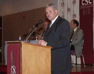 Chadron State President Dr. Tom Krepel speaks to faculty and staff Friday morning.