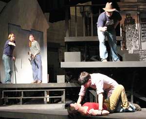 Chadron State actors rehearse the fight scene from the Rimers of Eldritch. They are, clockwise from left, Crystal Ekberg, Elisabeth Saunders, Dan Giffee, Mark Griffith and Brittany Halladay.