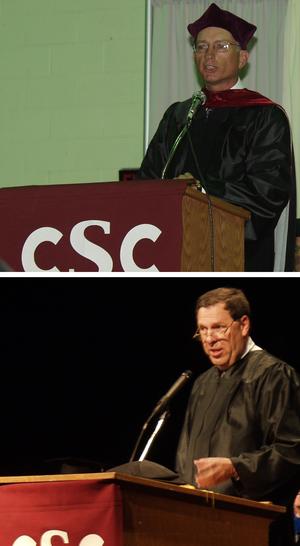 The Rev. James Krotz, top, and Jim Jacobs speak during Saturday's graduation ceremonies.