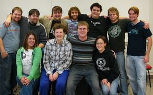 The cast and stage crew Barbie Essay, Morgan Perry, Dan Giffee and Erika DeBoer. In the back are Cody Griebel, Jesse Hamer, Colt Neihardt, Mason Quinn, John Bryan III, Brad Buckles and Rhett Breedlove.