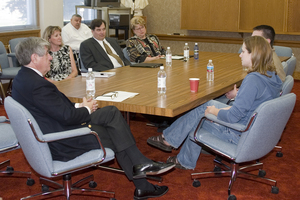 U.S. Sen. Ben Nelson visits with Sherry Douglas.