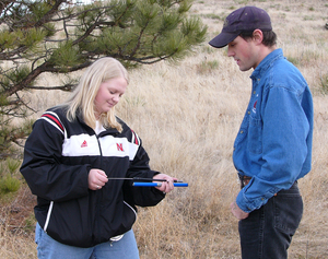 Two Chadron State graduate students, Angie Meiergerd and Jeremiah Vardiman, prepare to use an increment borer