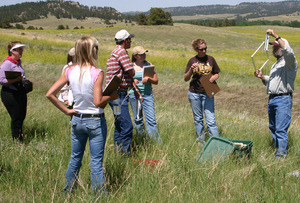 Chadron State professor Dr. Chuck Butterfield demonstrates how to collect samples for rangeland vegetation.