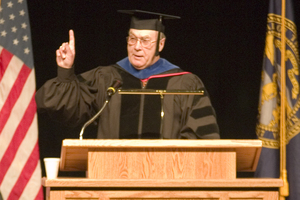 Allen Shepherd speaks during Saturday's ceremony for graduate degree recipients.