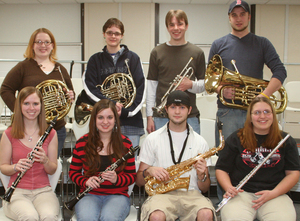 Nicole Penning, Katie Ringleman, Andrew Meyers and Stephanie Aulston. Back row, Sara Schmidt, Cynthia Gillespie, Alex Jones and Gordon Mowen.