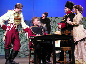 Lars Monson as Sergius, Dan Giffee as Capt. Bluntschli, Shelley Fiester as Catherine, Cody Griebel as Major Petkoff, and Erika DeBoer as Raina in Chadron State College's Arms and the Man.