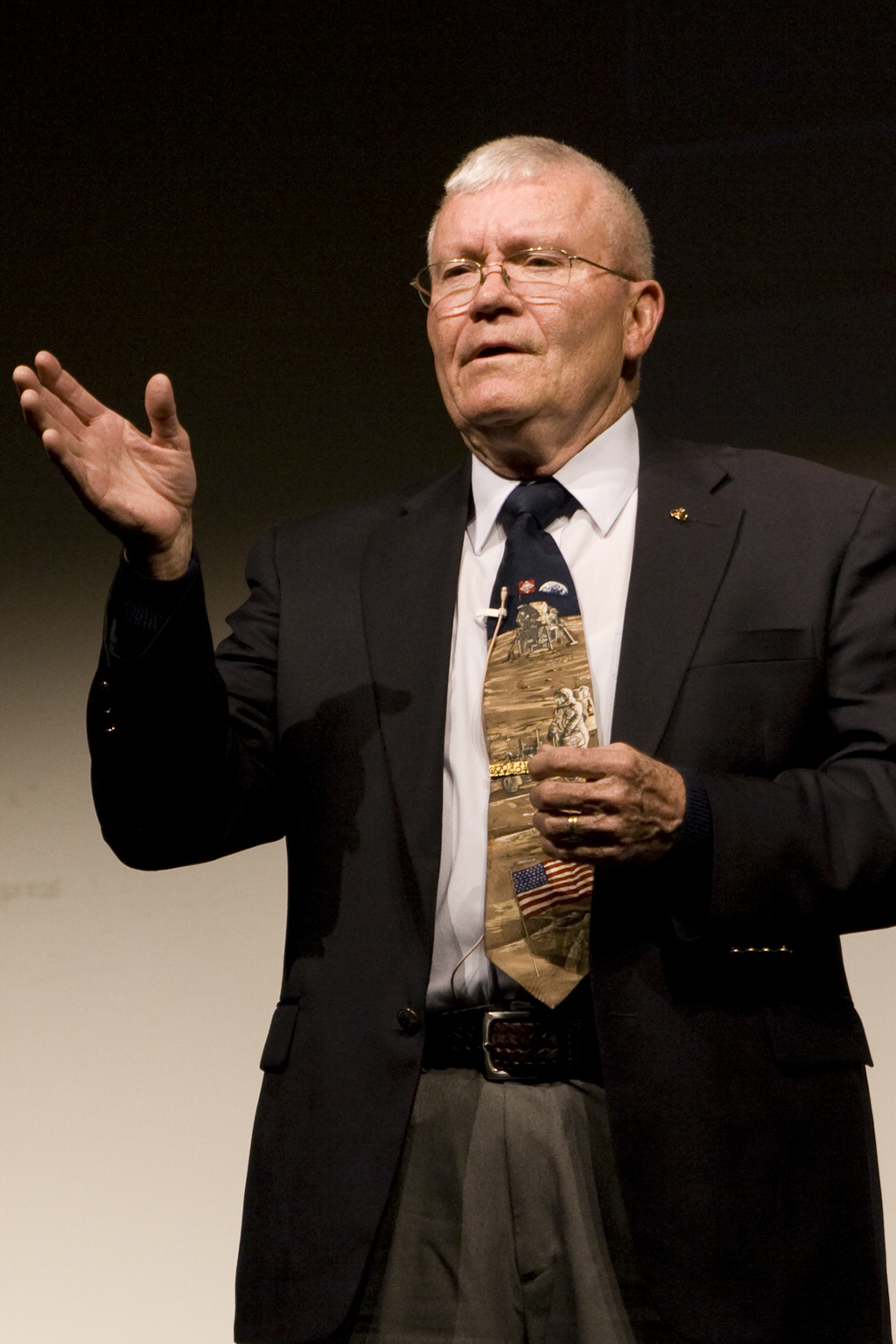 Apollo 13 astronaut Fred Haise speaks in Memorial Hall on Tuesday.