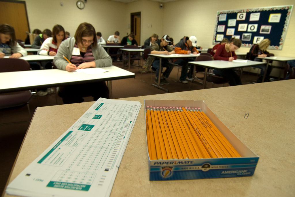 High school tudents take the Scholastic Contest's health test Chadron State College's Nelson Physical Activity Center on Friday.