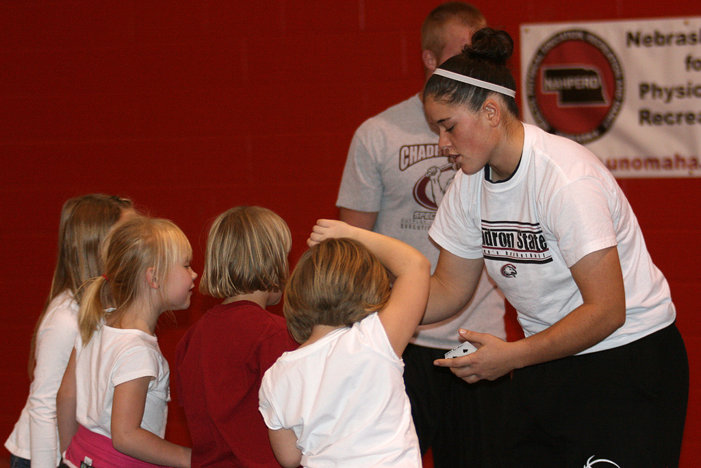 Kelsey Scott, instructs elementary students during Jump Rope for Heart.