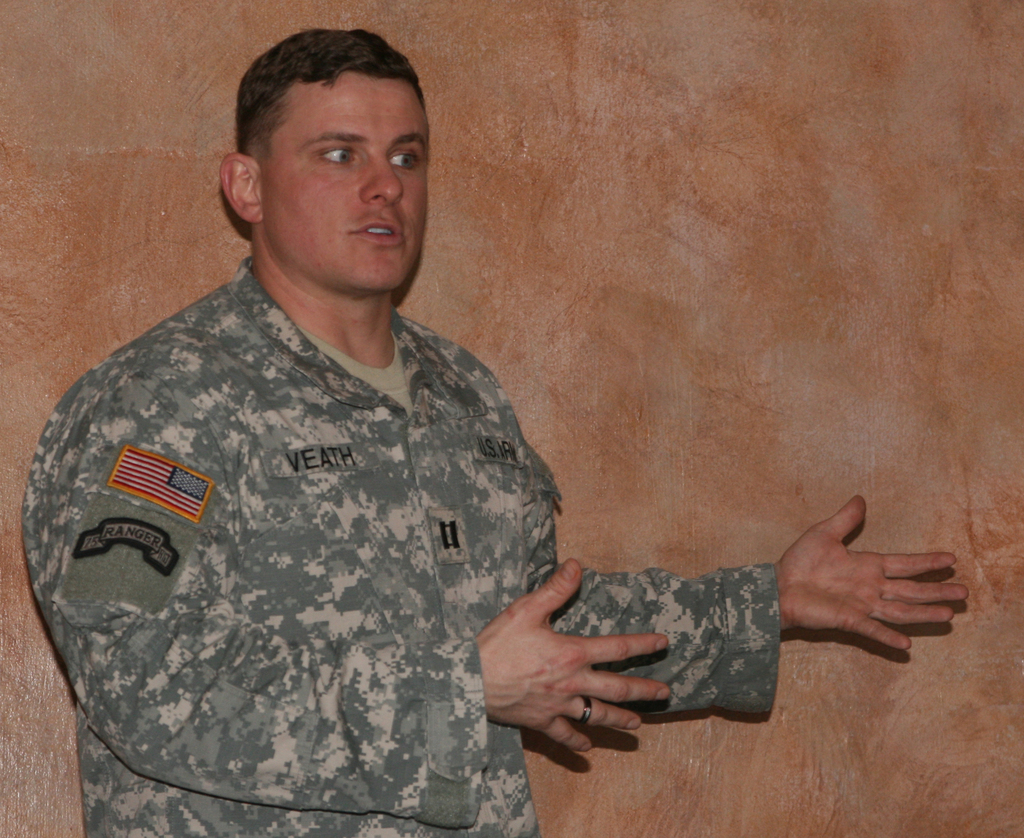 U.S. Army Capt. Logan Veath of Chadron makes a point during his presentation.