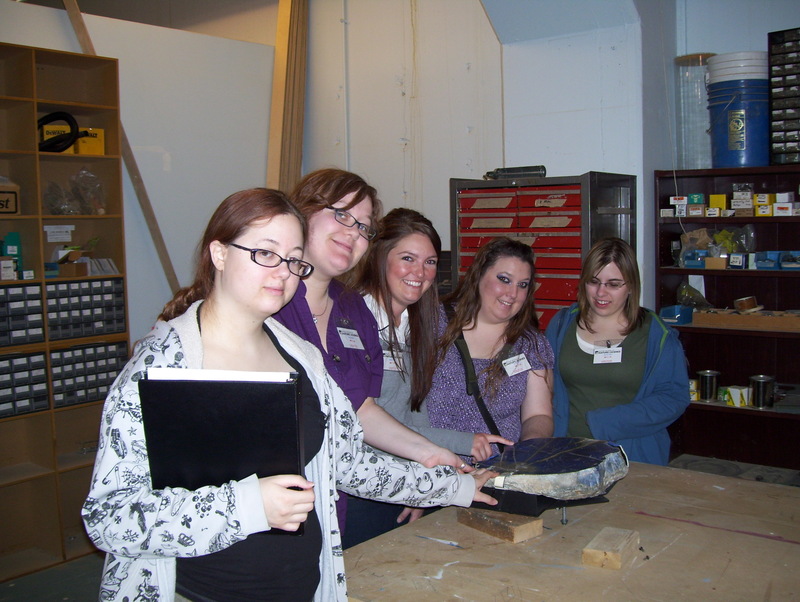 Students Montanna Barnett, Whitney Hensley, Alissa Peterson, Jessica Koch and Marya Shotkoski in the carpentry shop at the Denver Museum of Nature and Science.