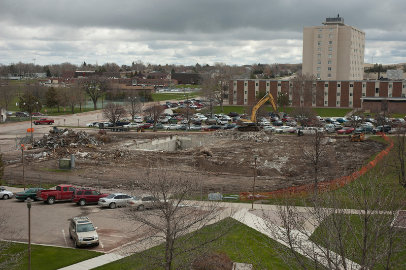 Demolition crews clean up the remains of the Kline Center on April 27.