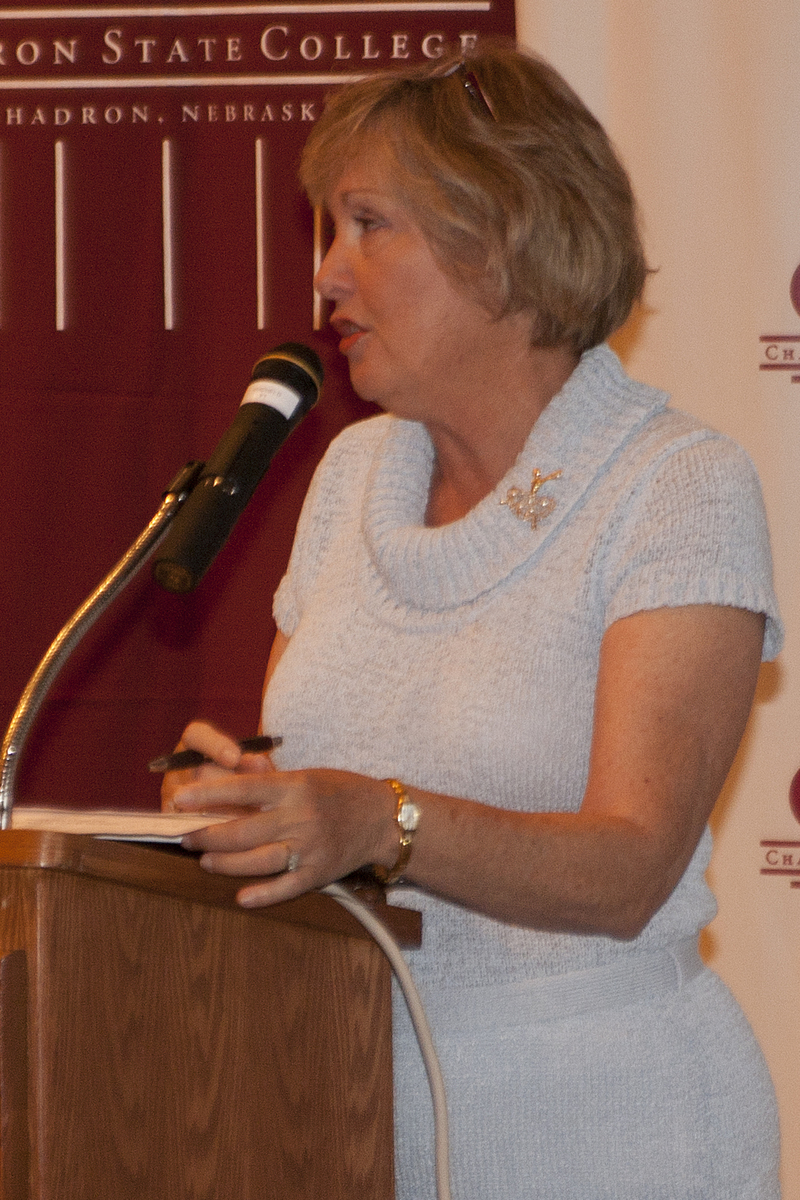 Chadron State President Janie Park speaks to employees at their first all-campus meeting.