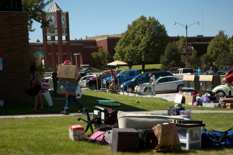 Students' belongings occupy the lawn near Chadron State College's Kent Hall.