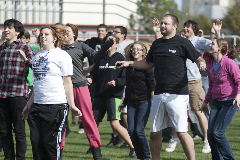 Chadron State College students jump Tuesday in a national attempt to set the record for the most people doing jumping jacks in a 24-hour period.