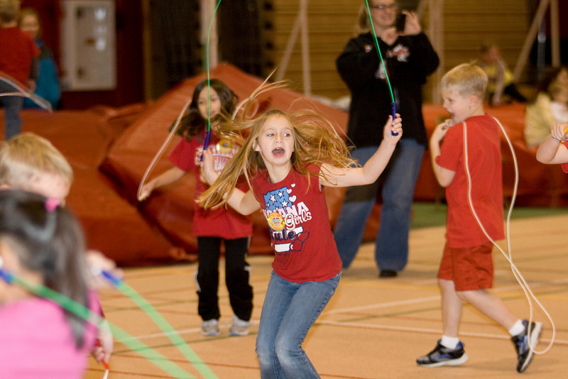 Kennedy Trueblood fulfills her pledge during the 2010 Jump Rope for Heart at Chadron State College's Nelson Physical Activity Center.