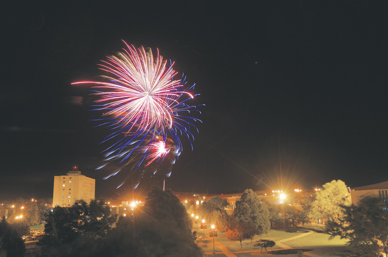 Fireworks explode over the Chadron State College campus.
