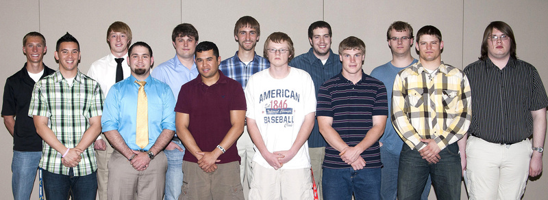 Blue Key inducted 13 members to its Chadron State College chapter. Front row, from left, James De La Cerna, Joe Haas, Cristian Yanes-Salazar, Robert Freeze, Glen Clinton, Pierre Etchemendy and Daniel Edmonston. Back row, Ty Cyphers, Donald Hlava, James Bahensky, Will Troester, Samuel Ballard and Thomas Schmidt. (Photo by Alex Helmbrecht)