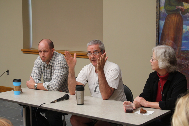 These three authors led most of the sessions during the Story Catcher Writing Festival sponsored by the Mari Sandoz Heritage Society at Chadron State College late last week and also formed a panel to answer questions on Saturday morning. They are, from left, Tom Doolittle of Council Bluffs, Iowa, Poe Ballentine of Chadron and Linda Hasselstrom of Hermosa, S.D. (Photo by Con Marshall)