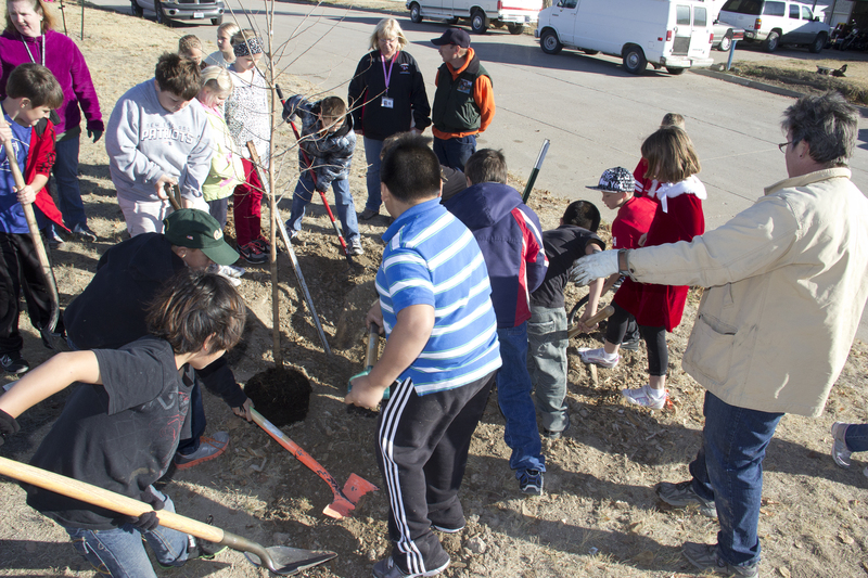 Third-graders help plant a hackberry tree north of the Chadron Intermediate School. (Photo by Justin Haag)