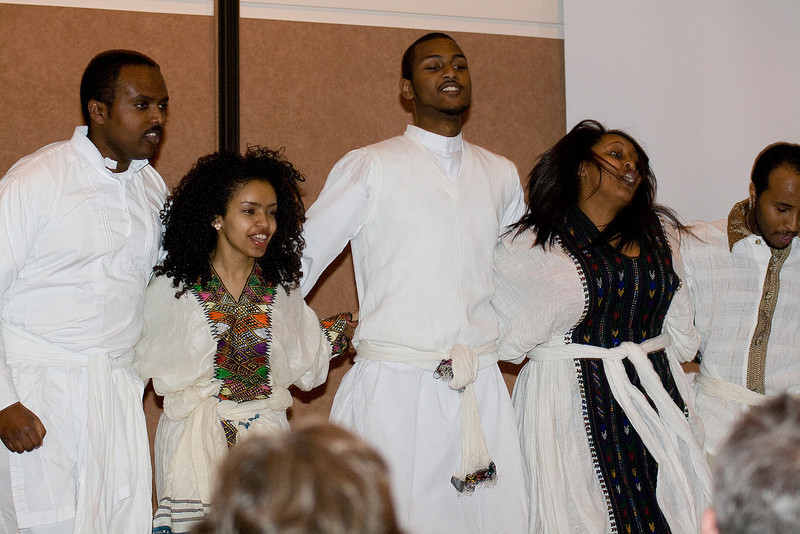 Chadron State College students Alula Mazengia, Lily Amare, Abenezer Dejene, Melat Louis and Naol Temesgen perform an Ethiopian dance during the International Club's annual Food Tasting Party in 2010. The club annually presents entertainment and cuisine to a crowd of 400. (Photo by Justin Haag)