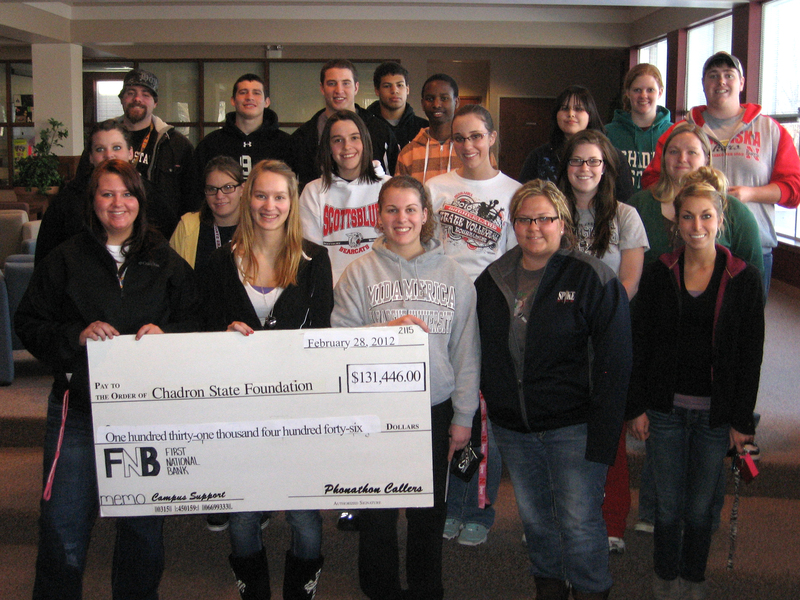 Many of the students who participated in the Chadron State Foundation phonathon gather to show off their success in the annual effort. (Courtesy photo)