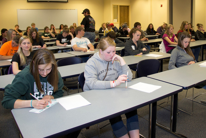 High school students attending the Chadron State College Scholastic Contest get ready to take the animal science test in the Burkhiser Complex. The contest on Friday, April 13, featured 44 exams and attracted more than 1,400 students from 50 high schools. (Photo by Justin Haag)