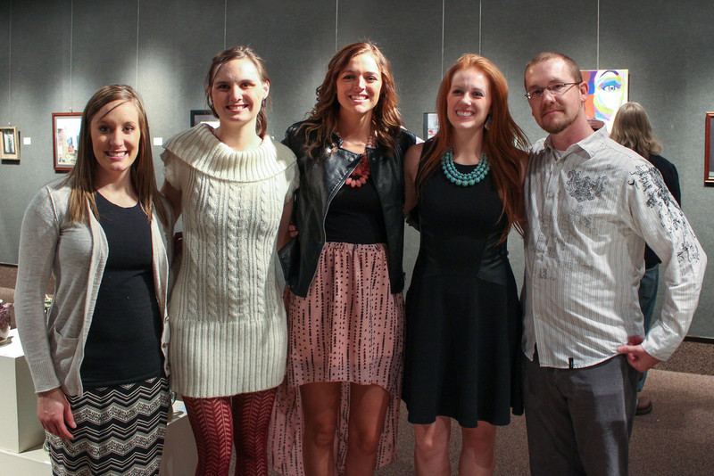 CSC artists, Mattie Churchill of Hemingford, Neb., Ashley Young of Gordon, Neb., Arielle Boone of Buffalo, Wyo., Krystal Gaar of Grant, Neb., and Kevin Kubo of Chadron, Neb., showcase their best work at the reception for their Senior Art Show. The Senior Art Show is now open until Friday, Dec. 5 in the Main Gallery of Memorial Hall.