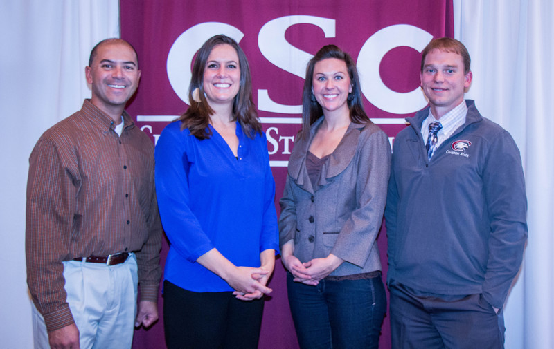 Volunteers and chairs of the Chadron State Foundation celebrated a successful annual campaign Tuesday. From left, Rob Stack, Senna Reeves, Shaunda French and Bobby Griese. (Tena L. Cook/Chadron State College)