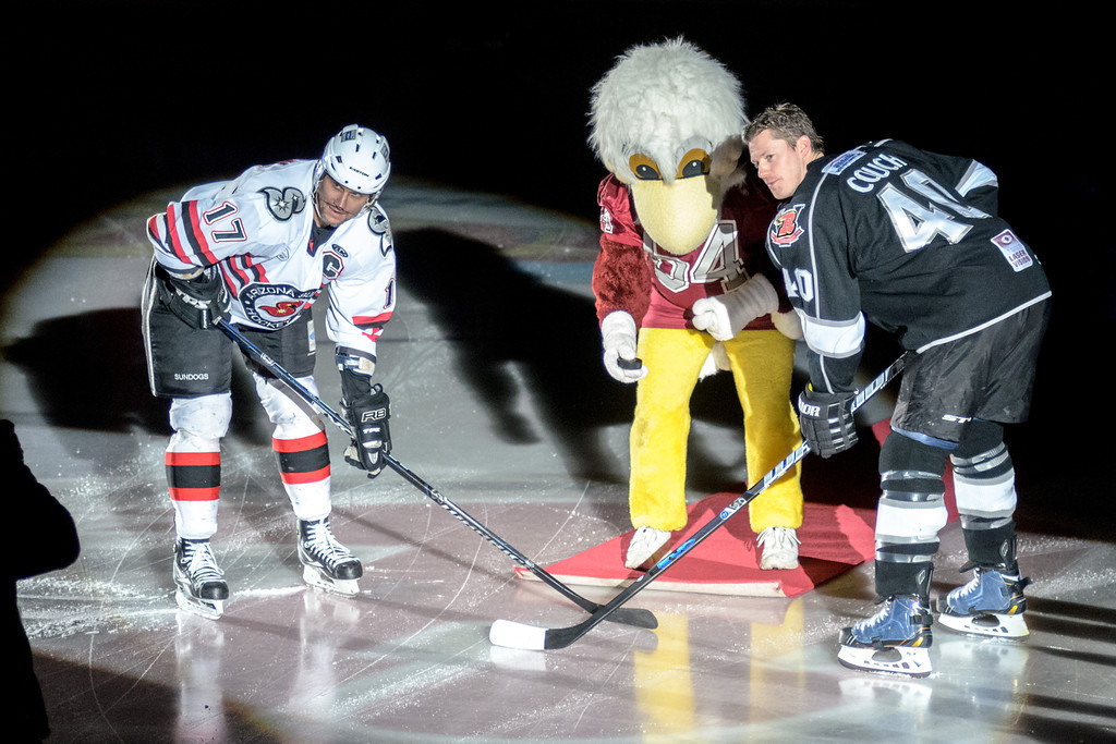 Elmo the Eagle prepares to drop the puck at the Rapid City Rush hockey game in February of 2013. Chadron State College will sponsor a game against the Wichita Thunder Jan. 25, 2014.