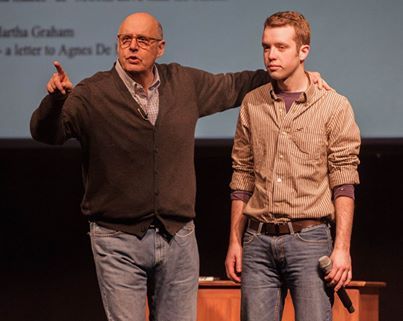 Emmy-nominated actor Jeffrey Tambor challenges Chadron State College student Derek Phelps, Sidney, Neb. to confidently pursue his dreams. (Miranda Wieczorek / Chadron State College)