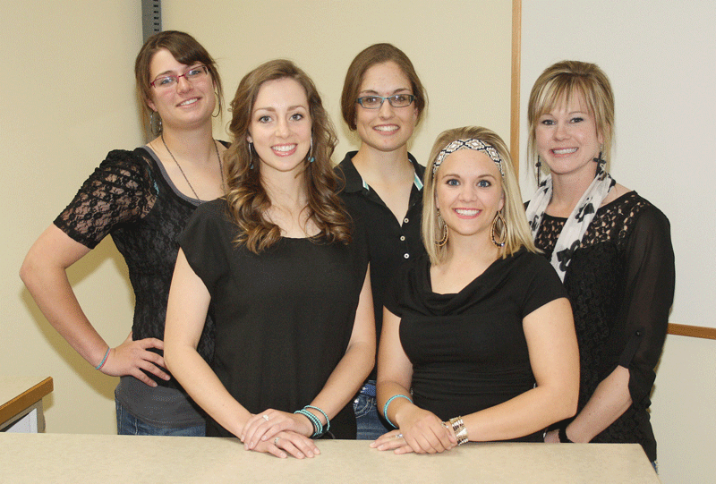 These Chadron State College cowgirls will be competing at the College National Finals Rodeo in Casper next week. In front, from left, are barrel races Amy Deichert and Katie Loughran. In the back are goat tiers Shaylee Hance, Shelby Winchell and Amy Tierney.