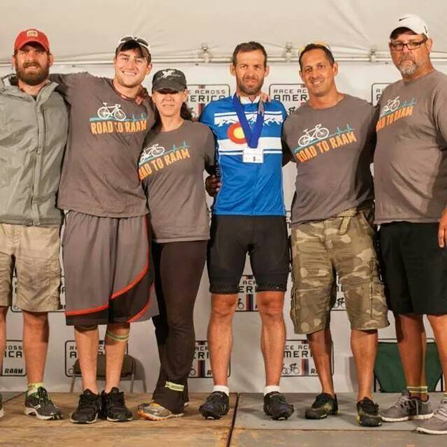 Members of the GS14 team at the RAAM finish in Maryland. From left, Blake Holscher, Kristian Vaczi, Emese Nagy, Jake Holscher, Erik Holscher and Bart Voycheske.