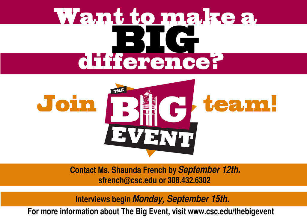 Individuals interested in joining The Big Event team should contact Shaunda French, assistant professor of communications, by Friday, Sept. 12.