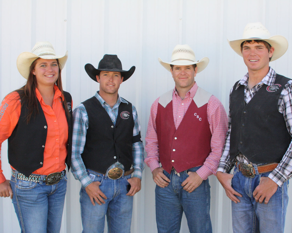 These four contestants blazed the trail for Chadron State's outstanding showing at its home rodeo last weekend. They are from left, Shaylee Hance, the goat tying winner; Jeff Cover, the saddle bronc winner and all-around cowboy; Wyatt Clark, the bareback riding champion; and Prestyn Novak, who was second in tie down roping.