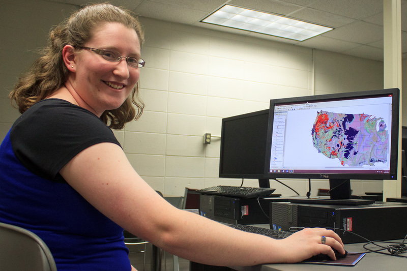 Joslynn VanDerslice of Columbus, Nebraska, analyzes areas that contain sandstone and basalt using a computer program called ArcGIS