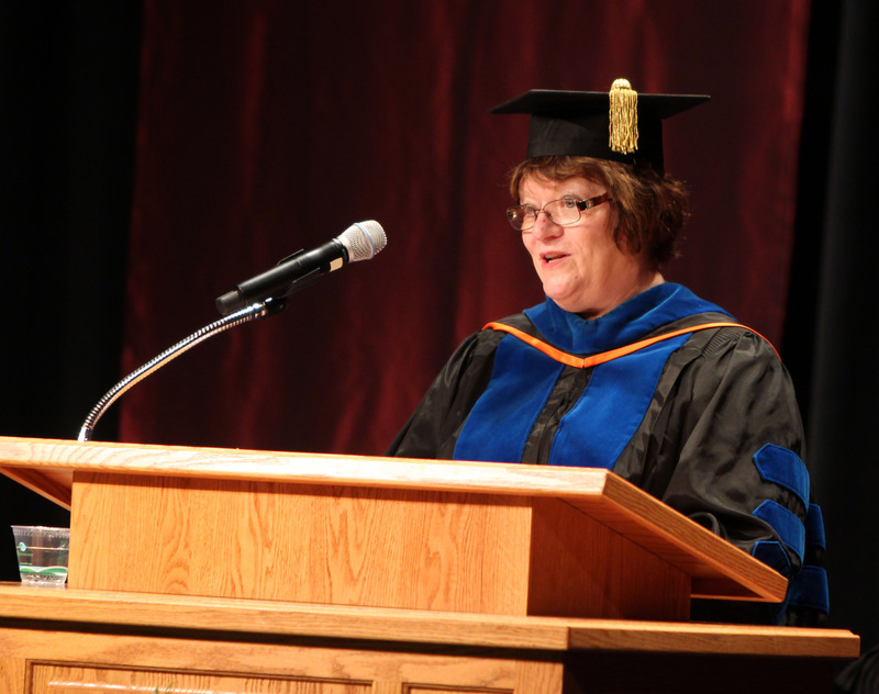 Chadron State College Dean Dr. Margaret Crouse speaks at graduation ceremony.