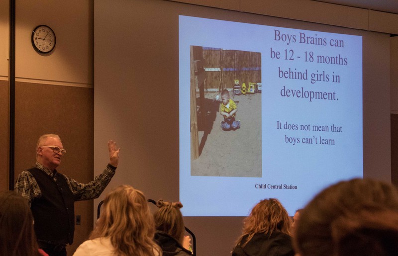 Daniel Hodgins, keynote speaker, explains developmental differences between boys and girls during the college's 28th annual Excellence in Early Childhood Education conference Saturday, Feb. 20, 2017, in the Student Center Ballroom.