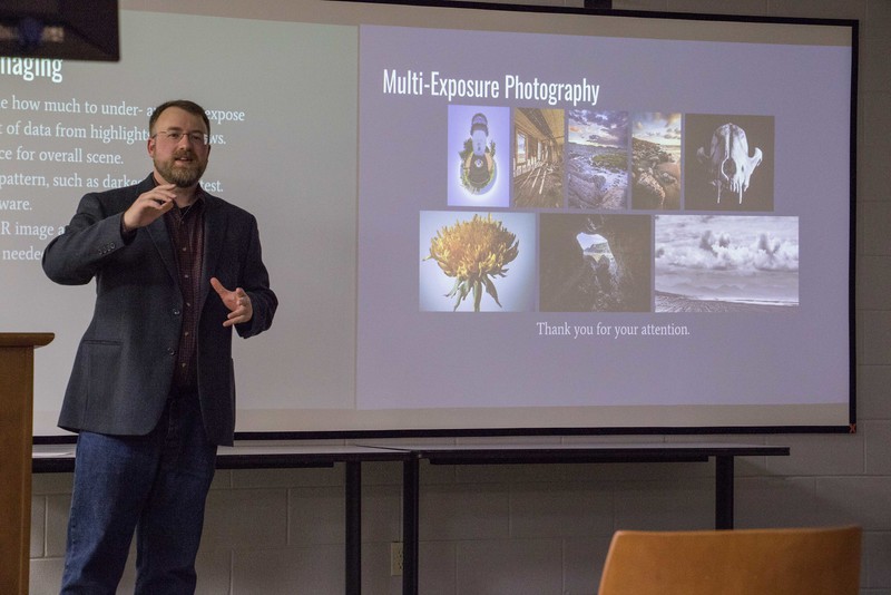 During the Graves Lecture Series, Chadron State College digital graphic designer, Daniel Binkard, explains how multi-exposure photography can capture more data, creating higher resolution images.