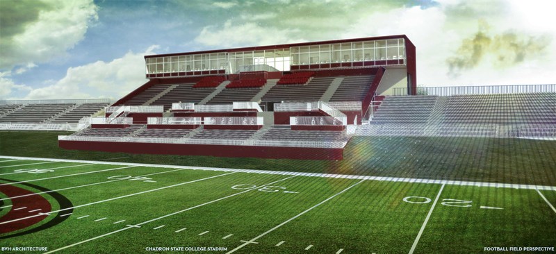 An artistic rendering of the north-facing side of Con Marshall Press Box, the Don Beebe Stadium grandstands and a section of artificial turf on Elliott Field in the proposed CSC Sports Complex.