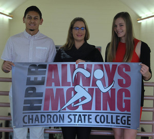 Chadron State College students, from left to right, Marco Sanchez of Casper, Wyo., Jyssica Forch of Stratton, Neb., and Dacia Stuhr of Bradshaw, Neb., are recipients of the CSC HPER department's Major of the Year awards. Not pictured: Nicholas Colgate of Rio Rico, Ariz.